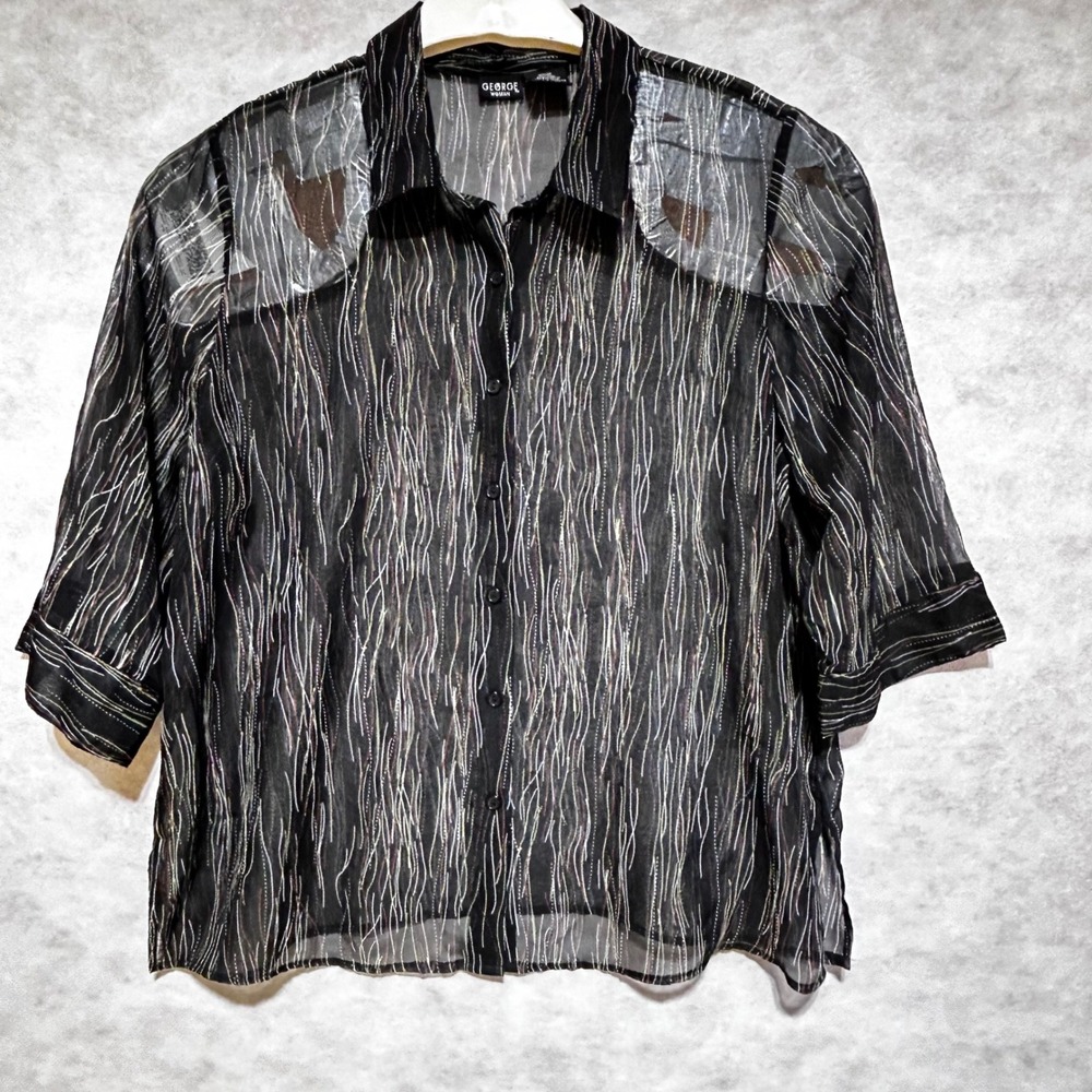 George‎ Woman Plus Size 22/24W Black Sheer Button Up Top Blouse